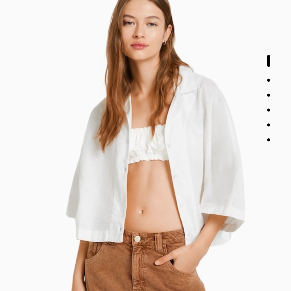 Bershka White Linen Shirt Short Sleve